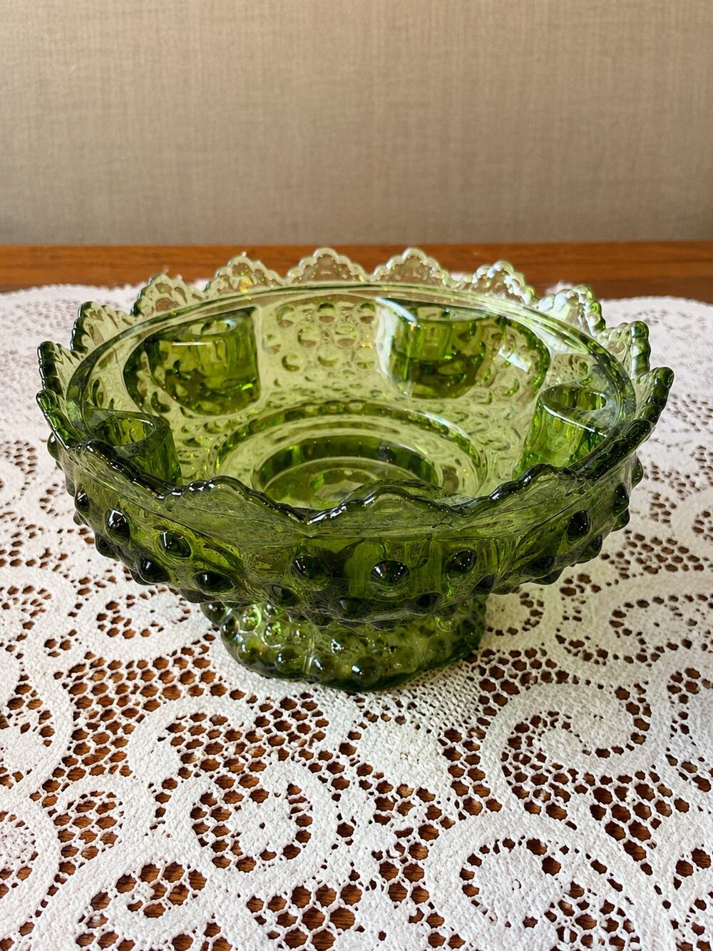 Fenton Glass Candle Bowl. Colonial Green Hobnail, Footed Base.
